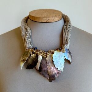 Carved Leaves MOP Tan Statement Necklace, Beads String